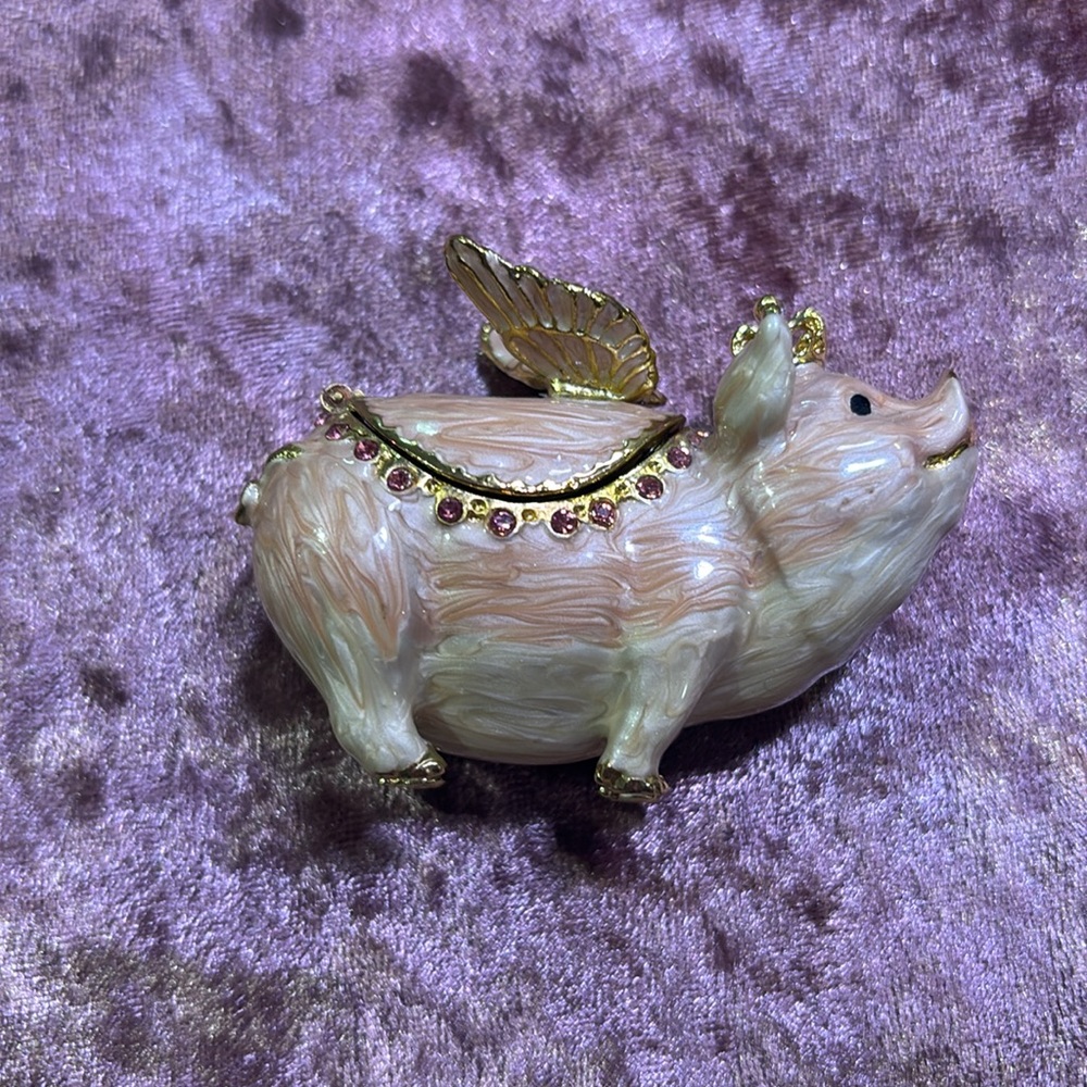 NWOT Flying Pig crystal enamel with gold plating trinket box - Picture 5 of 7